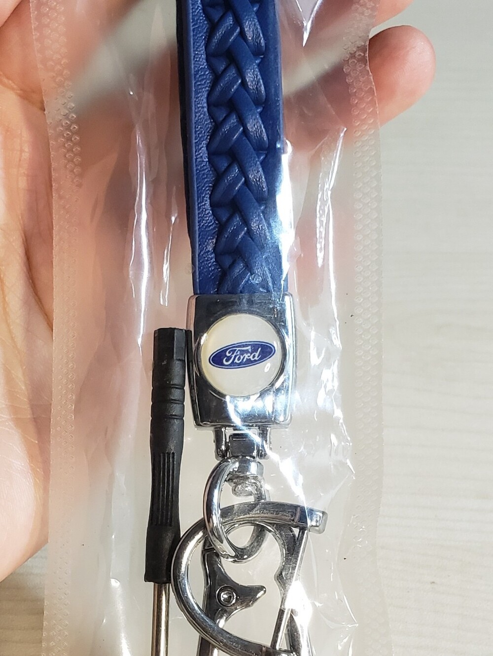 Ford Blue Braided Leather Key Lanyard with Silver Hardware